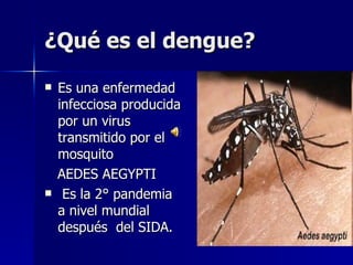 ¿Qué es el dengue?
   Es una enfermedad
    infecciosa producida
    por un virus
    transmitido por el
    mosquito
    AEDES AEGYPTI
    Es la 2° pandemia
    a nivel mundial
    después del SIDA.
 