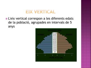  L'eix vertical correspon a les diferents edats
de la població, agrupades en intervals de 5
anys
 