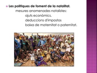  Les politiques de foment de la natalitat.
mesures anomenades natalistes:
ajuts econòmics.
deduccions d'impostos
baixa de maternitat o paternitat.
 