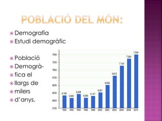  Demografia
 Estudi demogràfic
 Població
 Demogrà-
 fica el
 llargs de
 milers
 d’anys.
 