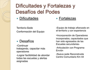 Dificultades y Fortalezas y
Desafíos del Podes
 Dificultades
Territorio-Sede
Conformación del Equipo
 Desafíos
-Continuar
trabajando, capacitar más
operadores
-Lograr factibilidad de abordar
todas las escuelas y alertas
asignadas
 Fortalezas
-Equipo de trabajo afianzado en
el territorio y con experiencia
-Incorporación de Operadores
incorporados, capacitados que
han sido egresados de las
Escuelas secundarias-
-Articulación con Programa
Envión
-Nueva sede Reconstruida
Centro Comunitario Km 44
 