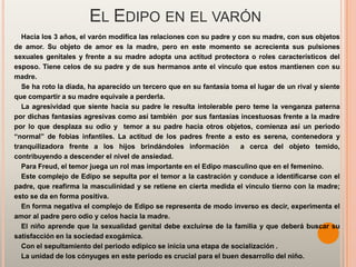 EL EDIPO EN EL VARÓN
   Hacia los 3 años, el varón modifica las relaciones con su padre y con su madre, con sus objetos
de amor. Su objeto de amor es la madre, pero en este momento se acrecienta sus pulsiones
sexuales genitales y frente a su madre adopta una actitud protectora o roles característicos del
esposo. Tiene celos de su padre y de sus hermanos ante el vinculo que estos mantienen con su
madre.
   Se ha roto la díada, ha aparecido un tercero que en su fantasía toma el lugar de un rival y siente
que compartir a su madre equivale a perderla.
   La agresividad que siente hacia su padre le resulta intolerable pero teme la venganza paterna
por dichas fantasías agresivas como así también por sus fantasías incestuosas frente a la madre
por lo que desplaza su odio y temor a su padre hacia otros objetos, comienza así un periodo
“normal” de fobias infantiles. La actitud de los padres frente a esto es serena, contenedora y
tranquilizadora frente a los hijos brindándoles información           a cerca del objeto temido,
contribuyendo a descender el nivel de ansiedad.
   Para Freud, el temor juega un rol mas importante en el Edipo masculino que en el femenino.
   Este complejo de Edipo se sepulta por el temor a la castración y conduce a identificarse con el
padre, que reafirma la masculinidad y se retiene en cierta medida el vinculo tierno con la madre;
esto se da en forma positiva.
   En forma negativa el complejo de Edipo se representa de modo inverso es decir, experimenta el
amor al padre pero odio y celos hacia la madre.
   El niño aprende que la sexualidad genital debe excluirse de la familia y que deberá buscar su
satisfacción en la sociedad exogámica.
   Con el sepultamiento del periodo edipico se inicia una etapa de socialización .
   La unidad de los cónyuges en este periodo es crucial para el buen desarrollo del niño.
 