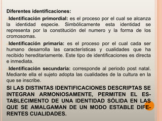 Diferentes identificaciones:
oIdentificación primordial: es el proceso por el cual se alcanza
la identidad especie. Simbólicamente esta identidad se
representa por la constitución del numero y la forma de los
cromosomas.
oIdentificación primaria: es el proceso por el cual cada ser
humano desarrolla las características y cualidades que ha
recibido hereditariamente. Este tipo de identificaciones es directa
e inmediata.
oIdentificación secundaria: corresponde al periodo post natal.
Mediante ella el sujeto adopta las cualidades de la cultura en la
que se inscribe.
SI LAS DISTINTAS IDENTIFICACIONES DESCRIPTAS SE
INTEGRAN ARMONIOSAMENTE, PERMITEN EL ES-
TABLECIMENTO DE UNA IDENTIDAD SÓLIDA EN LAS
QUE SE AMALGAMAN DE UN MODO ESTABLE DIFE-
RENTES CUALIDADES.
 