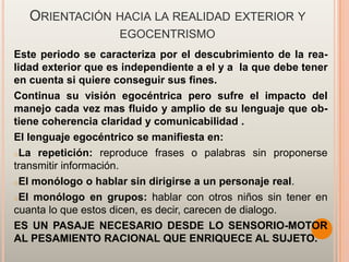 ORIENTACIÓN HACIA LA REALIDAD EXTERIOR Y
                    EGOCENTRISMO
Este periodo se caracteriza por el descubrimiento de la rea-
lidad exterior que es independiente a el y a la que debe tener
en cuenta si quiere conseguir sus fines.
Continua su visión egocéntrica pero sufre el impacto del
manejo cada vez mas fluido y amplio de su lenguaje que ob-
tiene coherencia claridad y comunicabilidad .
El lenguaje egocéntrico se manifiesta en:
oLa repetición: reproduce frases o palabras sin proponerse
transmitir información.
oEl monólogo o hablar sin dirigirse a un personaje real.

oEl monólogo en grupos: hablar con otros niños sin tener en
cuanta lo que estos dicen, es decir, carecen de dialogo.
ES UN PASAJE NECESARIO DESDE LO SENSORIO-MOTOR
AL PESAMIENTO RACIONAL QUE ENRIQUECE AL SUJETO.
 