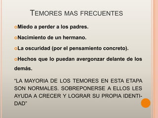 TEMORES MAS FRECUENTES
Miedo   a perder a los padres.

Nacimiento   de un hermano.

La   oscuridad (por el pensamiento concreto).

Hechos    que lo puedan avergonzar delante de los
demás.

“LA MAYORIA DE LOS TEMORES EN ESTA ETAPA
SON NORMALES. SOBREPONERSE A ELLOS LES
AYUDA A CRECER Y LOGRAR SU PROPIA IDENTI-
DAD”
 