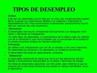TIPOS DE DESEMPLEO Cíclico  Este tipo de desempleo ocurre solo por un ciclo, sus consecuencias pueden llevar a países con instituciones débiles a la violencia y finalmente la desobediencia civil. Para economistas el desempleo prácticamente ocurría sólo por razones del ciclo económico. Estructural  El desempleo estructural corresponde técnicamente a un desajuste entre oferta y demanda de trabajadores. En esta clase de desempleo, la característica de la oferta suele ser distinta a la de la demanda lo que hace probable que un porcentaje de la población no pueda encontrar empleo de manera sostenida.  Friccional  Se refiere a los trabajadores que van de un empleo a otro para mejorarse. Su desempleo es temporal y no representa un problema económico.  El desempleo friccional es relativamente constante. Estacional el desempleo estacional es aquel que varía con las estaciones del año debido a fluctuaciones estacionales en la oferta o demanda de trabajo.  Se habla de desempleo estacional, por otra parte, para referirse al que se produce por la demanda fluctuante que existe en ciertas actividades, como la agricultura. 