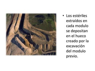 • Los estériles
extraídos en
cada modulo
se depositan
en el hueco
creado por la
excavación
del modulo
previo.
 