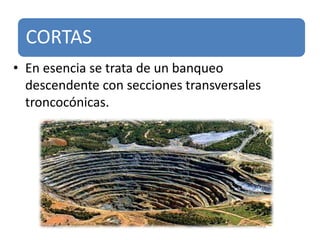 CORTAS
• En esencia se trata de un banqueo
descendente con secciones transversales
troncocónicas.
 