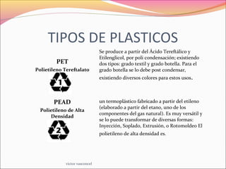 TIPOS DE PLASTICOS
PET
Polietileno Tereftalato
Se produce a partir del Ácido Tereftálico y
Etilenglicol, por poli condensación; existiendo
dos tipos: grado textil y grado botella. Para el
grado botella se lo debe post condensar,
existiendo diversos colores para estos usos.
PEAD
Polietileno de Alta
Densidad
un termoplástico fabricado a partir del etileno
(elaborado a partir del etano, uno de los
componentes del gas natural). Es muy versátil y
se lo puede transformar de diversas formas:
Inyección, Soplado, Extrusión, o Rotomoldeo El
polietileno de alta densidad es.
victor vasconcel
 