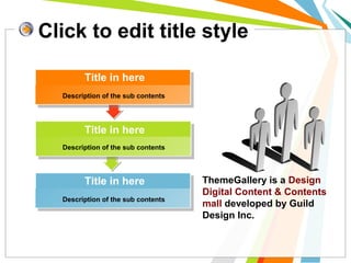 Click to edit title style
ThemeGallery is a Design
Digital Content & Contents
mall developed by Guild
Design Inc.
Description of the sub contents
Description of the sub contents
Title in here
Title in here
Description of the sub contents
Title in here
 
