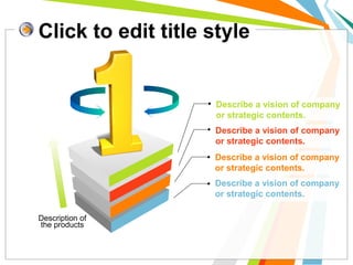 Click to edit title style
Describe a vision of company
or strategic contents.
Describe a vision of company
or strategic contents.
Describe a vision of company
or strategic contents.
Describe a vision of company
or strategic contents.
Description of
the products
 