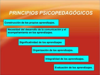 PRINCIPIOS PSICOPEDAGÓGICOS
Construcción de los propios aprendizajes.
Necesidad del desarrollo de la comunicación y el
acompañamiento en los aprendizajes.
Significatividad de los aprendizajes
Organización de los aprendizajes.
Integralidad de los aprendizajes.
Evaluación de los aprendizajes.
 