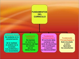 FUNDAMENTOS
DEL
CURRICULO
Fundamento Social:
Se sustenta en la
caracterización
de la realidad,
el análisis de la
sociedad,
sus problemas y
sus necesidades
Fundamento
Filosófico:
Se expresa
en torno a la
concepción del tipo
de hombre
que se
desea formar
Fundamento
Epistemológico:
El currículo debe
contener una
serie de elementos
que contribuyan
a expresar
su intencionalidad.
Fundamento
Psicopedagógico
Está vinculado
a cómo
Aprenden
los estudiantes
 