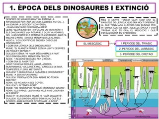1. ÈPOCA DELS DINOSAURES I EXTINCIÓ
DESPRÉS DE MIRAR DURANT UN ESTONA LA
INFORMACIÓ PORTADA DE CASA (LLIBRES, FOTOS,...),
VA SORGIR LA SEGÜENT CONVERSA:
- QUAN VAN VIURE ELS DINOSAURES?
LEIRE: “QUAN EXISTIEN I VA CAURE UN METERORIT I
ELS DINOSAURES VAN POSAR ELS OUS I VA VENIR EL
GEL I VAN SORTIR ELS PETITS I ES VAN MORIR. AIXÒ FA
MILERS D’ANYS. I UNS ES MENJAVES ELS ALTRES”.
HUGO L: “LOS CIENTÍFICOS TROBEN OSSOS DE
DINOSAURES”.
-I COM ERA L’ÈPOCA DELS DINOSAURES?
IRUNE: “EL PLANETA PRIMER ESTAVA JUNT I DESPRÉS
UN POQUET SEPARAT”.
GUILLEM I XÈNIA: “HI HAVIA MÉS ANIMALS A PART
DELS DINOSAURES. MENJAVEN PEIXOS”.
ALEIX: “I ALGUNS NEDAVEN PER L’AIGUA”.
-I COM ERA EL PAISATGE?
GRUP:“HI HAVIA ROQUES, AIGUA, ARBRES,
MUNTNANYES, VOLCANS, FANG, CARGOLS DE MAR,
TEMPESTES, FLORS, METEORITS.
GUILLEM: “I QUINA ERA LA CASA DELS DINOSAURES?”
IRUNE: “A SOTA D’UN ARBRE”.
GUILLEM: “PERÒ A SOTA D’UN ARBRE NO TENEN
SOSTRE!”
XÈNIA: “ES FICAVEN A LES COVES”.
GUILLEM:” I SI TENÍEN POR?”
IRUNE: “NO TENÍEN POR PERQUÈ EREN MOLT GRANS”.
XÈNIA: “ELS PAPES, LES MAMES I ELS AVIS CUIDAVEN
ALS BEBES”.
HUGO P: “A LES COVES TAMBÉ HI HAVÍA DIAMANTS”.
GUILLEM: “ELS DINOSAURES FEIEN IGUAL QUE ELS
GOSSOS, AGAFAVEN LES COSES AMB LA BOCA”.
MÉS O MENYS TENÍEM CLAR COM ERA EL
PAISATGE DE L’ÈPOCA, QUE ERA MOLT DIFERENT
AL QUE TENIM ARA. LLAVORS VAM BUSCAR PER
INTERNET COM ES DEIA AQUELLA ÈPOCA I VAM
TROBAR QUE ES DEIA EL MESOZOIC I QUE
ESTAVA DIVIDIT EN 3 PERÍODES:
2. PERÍODE DEL JURÀSSIC
3. PERÍODE DEL CRETACI
1.PERÍODE DEL TRIÀSICEL MESOZOIC
 