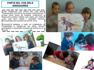 PARTS DEL COS DELS
DINOSAURES
VAM TREBALLAR LES PARTS DEL COS DELS
DINOSAURES PER MITJÀ DE GRUPS COOPERATIUS.
CADA GRUP HAVIA DE PENSAR, COMPARTIR I
DISCUTIR QUINES CREIEN QUE EREN LES PARTS
DEL COS DELS DINOS I DESPRÉS HAVIEN
D’ESCRIURE-LES AJUDANT-SE ENTRE TOTS.
D’AQUESTA MANERA, A PART DE COMENÇAR A
APRENDRE A TREBALLAR EN GRUP, ESTAN
APRENENT A ESCRIURE AJUDANT-SE ENTRE ELLS I
ELLES.
 
