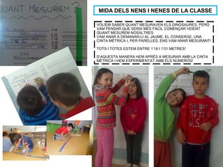 VOLÍEM SABER QUANT MESURAVEN ELS DINOSAURES, PERÒ
VAM PENSAR QUE SERÍA MÉS FÀCIL COMENÇAR VEIENT
QUANT MESUREM NOSALTRES.
VAM ANAR A DEMANAR-LI AL JAUME, EL CONSERGE, UNA
CINTA MÈTRICA I, PER PARELLES, ENS VAM ANAR MESURANT!
TOTS I TOTES ESTEM ENTRE 1’18 I 1’01 METRES!
D’AQUESTA MANERA HEM APRÈS A MESURAR AMB LA CINTA
MÈTRICA I HEM EXPERIMENTAT AMB ELS NÚMEROS!
MIDA DELS NENS I NENES DE LA CLASSE
 