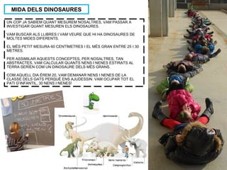MIDA DELS DINOSAURES
UN COP JA SABÍEM QUANT MESUREM NOSALTRES, VAM PASSAR A
INVESTIGAR QUANT MESUREN ELS DINOSAURES.
VAM BUSCAR ALS LLIBRES I VAM VEURE QUE HI HA DINOSAURES DE
MOLTES MIDES DIFERENTS.
EL MÉS PETIT MESURA 60 CENTÍMETRES I EL MÉS GRAN ENTRE 25 I 30
METRES.
PER ASSIMILAR AQUESTS CONCEPTES, PER NOSALTRES, TAN
ABSTRACTES, VAM CALCULAR QUANTS NENS I NENES ESTIRATS AL
TERRA SERÍEN COM UN DINOSAURE DELS MÉS GRANS.
COM AQUELL DIA ÉREM 20, VAM DEMANAR NENS I NENES DE LA
CLASSE DELS GATS PERQUÈ ENS AJUDESSIN. VAM OCUPAR TOT EL
PATI D’INFANTIL, 30 NENS I NENES!
 