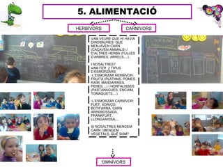 5. ALIMENTACIÓ
CARNÍVORSHERBÍVORS
VAM VEURE QUE HI HAVIA
DINOSAURES QUE
MENJAVEN CARN
(CAÇAVEN ANIMALS) I
D’ALTRES HERBA (FULLES
D’ARBRES, ARRELS,...) .
I NOSALTRES?
VAM FER 2 TIPUS
D’ESMORZARS:
-L’ESMORZAR HERBÍVOR:
FRUITA (PLÀTANS, POMES,
RAÏM, MANDARINES,
PERES,...) I HORTALISSES
(PASTANAGUES, ENCIAM,
TOMÀQUETS,...)
-L’ESMORZAR CARNÍVOR:
FUET, XORIÇO,
BOTIFARRA, CARN
ARREBOSSADA,
FRANKFURT,
LLONGANISSA,...
SI NOSALTRES MENGEM
CARN I MENGEM
VEGETALS, QUÈ SOM?
OMNÍVORS
 