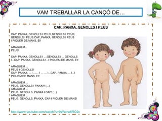 VAM TREBALLAR LA CANÇÓ DE…
CAP, PANXA, GENOLLS I PEUS
CAP, PANXA, GENOLLS I PEUS,GENOLLS I PEUS,
GENOLLS I PEUS.CAP, PANXA, GENOLLS I PEUS
I PIQUEM DE MANS, EI!
AMAGUEM...
PEUS!
CAP, PANXA, GENOLLS I ...,GENOLLS I ... GENOLLS
I...CAP, PANXA, GENOLLS I...I PIQUEM DE MANS, EI!
AMAGUEM ...
PEUS I GENOLLS!
CAP, PANXA, ... I ...,... I ... .... I...CAP, PANXA, ... I...I
PIQUEM DE MANS, EI!
AMAGUEM ...
PEUS, GENOLLS I PANXA! (...)
AMAGUEM ...
PEUS, GENOLLS, PANXA I CAP! (...)
AMAGUEM ...
PEUS. GENOLLS, PANXA, CAP I PIQUEM DE MANS!
http://www.youtube.com/watch?v=9sWxrw8RO2c
 