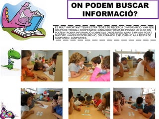 ON PODEM BUSCAR
INFORMACIÓ?
ÉS MOLT IMPORTANT TENIR ESTRATÈGIES DE RECERCA D’INFORMACIÓ. VAM FER
GRUPS DE TREBALL COOPERATIU I CADA GRUP HAVIA DE PENSAR UN LLOC ON
PODÍEM TROBAR INFORMACIÓ SOBRE ELS DINOSAURES. QUAN S’HAVIEN POSAT
D’ACORD, HAVÍEN D’ESCRIURE-HO, DIBUIXAR-HO I EXPLICAR-HO A LA RESTA DE
COMPANYS I COMPANYES.
 