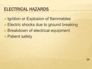 Electrical HazardsIgnition or Explosion of flammablesElectric shocks due to ground breakingBreakdown of electrical equipmentPatient safety[4]
