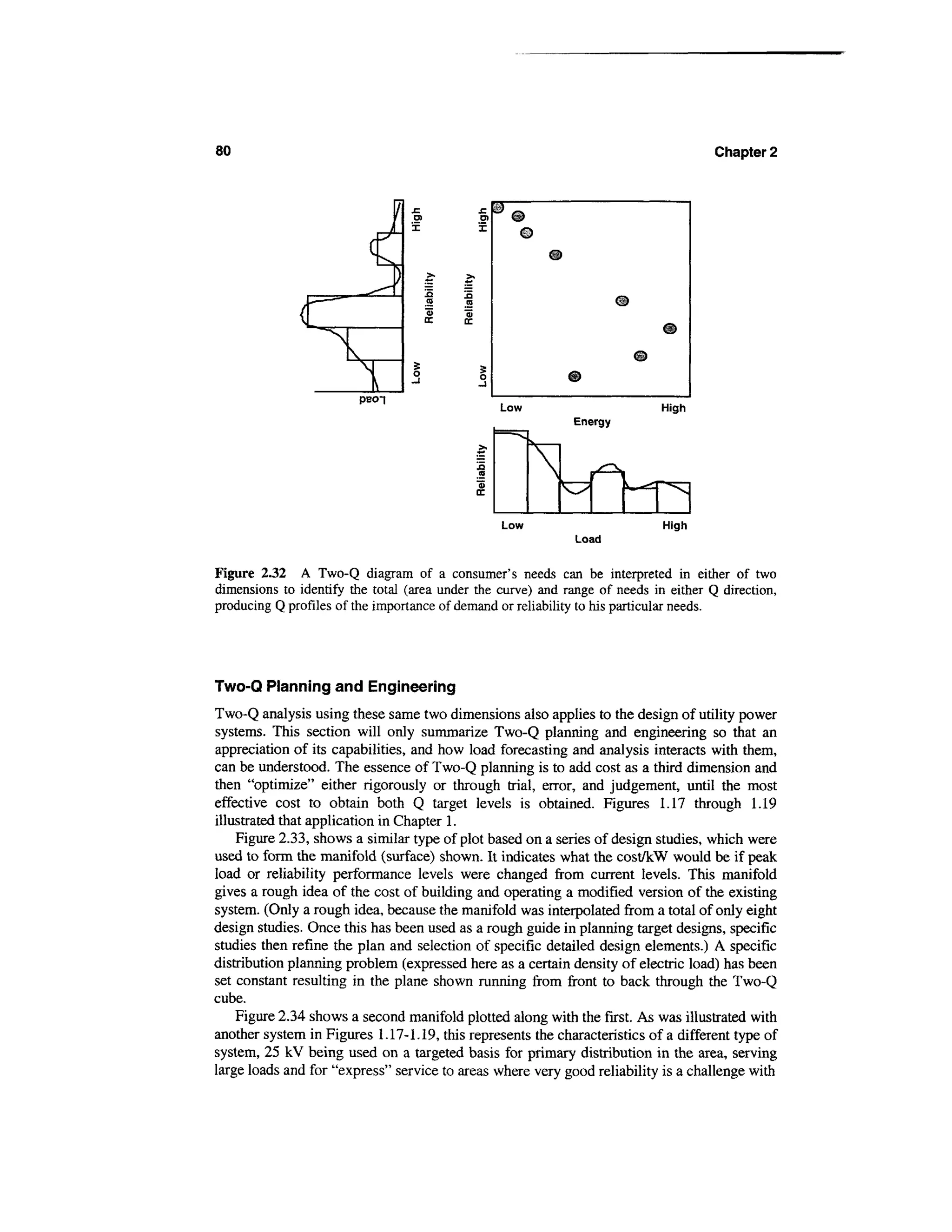 80                                                                                    Chapter 2




                             I               0)
                                             x      ©




                                                  Low                        High
                                                              Energy




                                                  Low                        High
                                                              Load


Figure 2.32 A Two-Q diagram of a consumer's needs can be interpreted in either of two
dimensions to identify the total (area under the curve) and range of needs in either Q direction,
producing Q profiles of the importance of demand or reliability to his particular needs.




Two-Q Planning and Engineering
Two-Q analysis using these same two dimensions also applies to the design of utility power
systems. This section will only summarize Two-Q planning and engineering so that an
appreciation of its capabilities, and how load forecasting and analysis interacts with them,
can be understood. The essence of Two-Q planning is to add cost as a third dimension and
then "optimize" either rigorously or through trial, error, and judgement, until the most
effective cost to obtain both Q target levels is obtained. Figures 1.17 through 1.19
illustrated that application in Chapter 1.
    Figure 2.33, shows a similar type of plot based on a series of design studies, which were
used to form the manifold (surface) shown. It indicates what the cost/kW would be if peak
load or reliability performance levels were changed from current levels. This manifold
gives a rough idea of the cost of building and operating a modified version of the existing
system. (Only a rough idea, because the manifold was interpolated from a total of only eight
design studies. Once this has been used as a rough guide in planning target designs, specific
studies then refine the plan and selection of specific detailed design elements.) A specific
distribution planning problem (expressed here as a certain density of electric load) has been
set constant resulting in the plane shown running from front to back through the Two-Q
cube.
    Figure 2.34 shows a second manifold plotted along with the first. As was illustrated with
another system in Figures 1.17-1.19, this represents the characteristics of a different type of
system, 25 kV being used on a targeted basis for primary distribution in the area, serving
large loads and for "express" service to areas where very good reliability is a challenge with
 