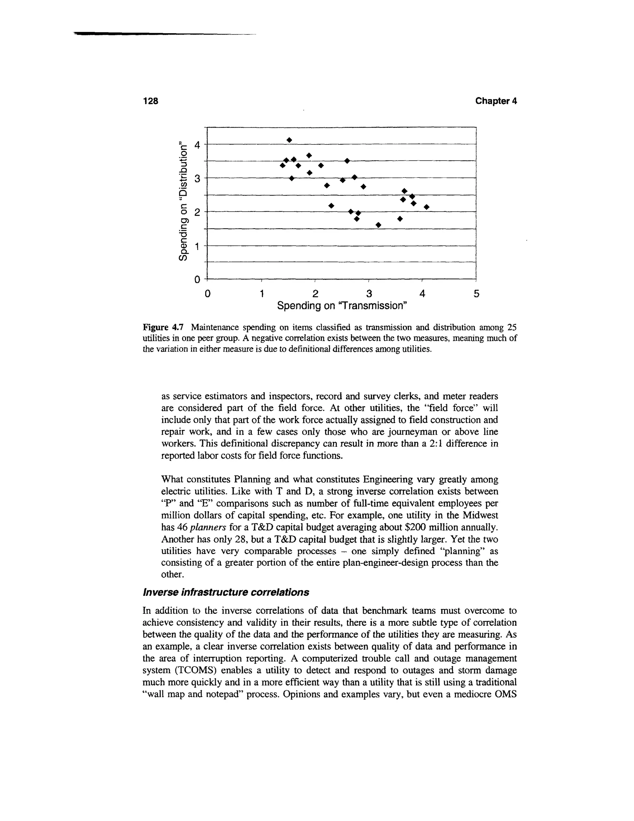 128                                                                                     Chapter 4



          "c 4 -                      ^
           g                                A
           u                         ^.•^             ^
          .Q
          'jZ o                        A             j.   •*
          *- O
          w
          Q                                     *              *

          o 9-
          ° il                                   *        ,
           O)
          C
          T3
          03 11
          Q.
          W

              n                .



                  0           1           2           3                  4              5
                                    Spending on 'Transmission"

Figure 4.7 Maintenance spending on items classified as transmission and distribution among 25
utilities in one peer group. A negative correlation exists between the two measures, meaning much of
the variation in either measure is due to definitional differences among utilities.




      as service estimators and inspectors, record and survey clerks, and meter readers
      are considered part of the field force. At other utilities, the "field force" will
      include only that part of the work force actually assigned to field construction and
      repair work, and in a few cases only those who are journeyman or above line
      workers. This definitional discrepancy can result in more than a 2:1 difference in
      reported labor costs for field force functions.

      What constitutes Planning and what constitutes Engineering vary greatly among
      electric utilities. Like with T and D, a strong inverse correlation exists between
      "P" and "E" comparisons such as number of full-time equivalent employees per
      million dollars of capital spending, etc. For example, one utility in the Midwest
      has 46 planners for a T&D capital budget averaging about $200 million annually.
      Another has only 28, but a T&D capital budget that is slightly larger. Yet the two
      utilities have very comparable processes - one simply defined "planning" as
      consisting of a greater portion of the entire plan-engineer-design process than the
      other.
Inverse infrastructure correlations
In addition to the inverse correlations of data that benchmark teams must overcome to
achieve consistency and validity in their results, there is a more subtle type of correlation
between the quality of the data and the performance of the utilities they are measuring. As
an example, a clear inverse correlation exists between quality of data and performance in
the area of interruption reporting. A computerized trouble call and outage management
system (TCOMS) enables a utility to detect and respond to outages and storm damage
much more quickly and in a more efficient way than a utility that is still using a traditional
"wall map and notepad" process. Opinions and examples vary, but even a mediocre OMS
 