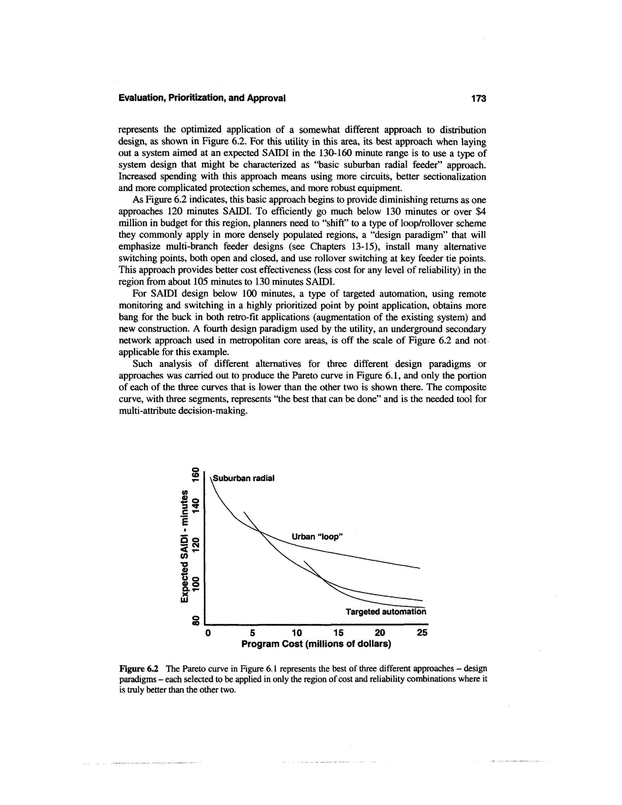 Evaluation, Prioritization, and Approval                                                           173

represents the optimized application of a somewhat different approach to distribution
design, as shown in Figure 6.2. For this utility in this area, its best approach when laying
out a system aimed at an expected SAIDI in the 130-160 minute range is to use a type of
system design that might be characterized as "basic suburban radial feeder" approach.
Increased spending with this approach means using more circuits, better sectionalization
and more complicated protection schemes, and more robust equipment.
    As Figure 6.2 indicates, this basic approach begins to provide diminishing returns as one
approaches 120 minutes SAIDI. To efficiently go much below 130 minutes or over $4
million in budget for this region, planners need to "shift" to a type of loop/rollover scheme
they commonly apply in more densely populated regions, a "design paradigm" that will
emphasize multi-branch feeder designs (see Chapters 13-15), install many alternative
switching points, both open and closed, and use rollover switching at key feeder tie points.
This approach provides better cost effectiveness (less cost for any level of reliability) in the
region from about 105 minutes to 130 minutes SAIDI.
    For SAIDI design below 100 minutes, a type of targeted automation, using remote
monitoring and switching in a highly prioritized point by point application, obtains more
bang for the buck in both retro-fit applications (augmentation of the existing system) and
new construction. A fourth design paradigm used by the utility, an underground secondary
network approach used in metropolitan core areas, is off the scale of Figure 6.2 and not
applicable for this example.
    Such analysis of different alternatives for three different design paradigms or
approaches was carried out to produce the Pareto curve in Figure 6.1, and only the portion
of each of the three curves that is lower than the other two is shown there. The composite
curve, with three segments, represents "the best that can be done" and is the needed tool for
multi-attribute decision-making.




                      o
                      <o   Suburban radial

                 go
                 3 •*
                 C i-




                 •o
                 £

                 x
                 UJ
                                                               Targeted automation

                                    5       10        15        20                  25
                                  Program Cost (millions of dollars)

Figure 6.2 The Pareto curve in Figure 6.1 represents the best of three different approaches - design
paradigms - each selected to be applied in only the region of cost and reliability combinations where it
is truly better than the other two.
 