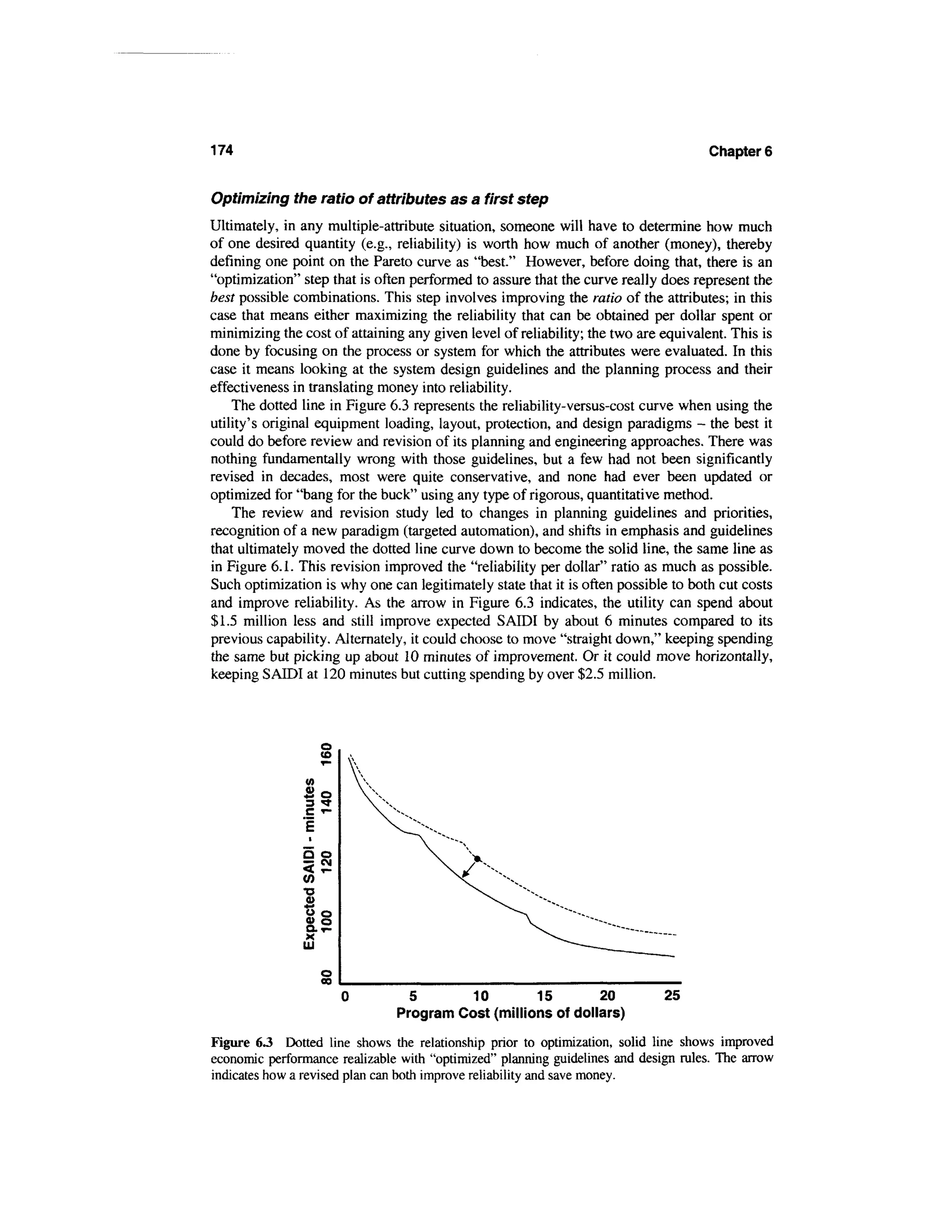 174                                                                                  Chapter 6


Optimizing the ratio of attributes as a first step
Ultimately, in any multiple-attribute situation, someone will have to determine how much
of one desired quantity (e.g., reliability) is worth how much of another (money), thereby
defining one point on the Pareto curve as "best." However, before doing that, there is an
"optimization" step that is often performed to assure that the curve really does represent the
best possible combinations. This step involves improving the ratio of the attributes; in this
case that means either maximizing the reliability that can be obtained per dollar spent or
minimizing the cost of attaining any given level of reliability; the two are equivalent. This is
done by focusing on the process or system for which the attributes were evaluated. In this
case it means looking at the system design guidelines and the planning process and their
effectiveness in translating money into reliability.
    The dotted line in Figure 6.3 represents the reliability-versus-cost curve when using the
utility's original equipment loading, layout, protection, and design paradigms - the best it
could do before review and revision of its planning and engineering approaches. There was
nothing fundamentally wrong with those guidelines, but a few had not been significantly
revised in decades, most were quite conservative, and none had ever been updated or
optimized for "bang for the buck" using any type of rigorous, quantitative method.
    The review and revision study led to changes in planning guidelines and priorities,
recognition of a new paradigm (targeted automation), and shifts in emphasis and guidelines
that ultimately moved the dotted line curve down to become the solid line, the same line as
in Figure 6.1. This revision improved the "reliability per dollar" ratio as much as possible.
Such optimization is why one can legitimately state that it is often possible to both cut costs
and improve reliability. As the arrow in Figure 6.3 indicates, the utility can spend about
$1.5 million less and still improve expected SATDI by about 6 minutes compared to its
previous capability. Alternately, it could choose to move "straight down," keeping spending
the same but picking up about 10 minutes of improvement. Or it could move horizontally,
keeping SATDI at 120 minutes but cutting spending by over $2.5 million.



                     o
                     <o




               IS
               CO
               •D
                0)
                00

               X
                8.2
               UJ



                                  5          10        15         20         25
                               Program Cost (millions of dollars)

Figure 63 Dotted line shows the relationship prior to optimization, solid line shows improved
economic performance realizable with "optimized" planning guidelines and design rules. The arrow
indicates how a revised plan can both improve reliability and save money.
 