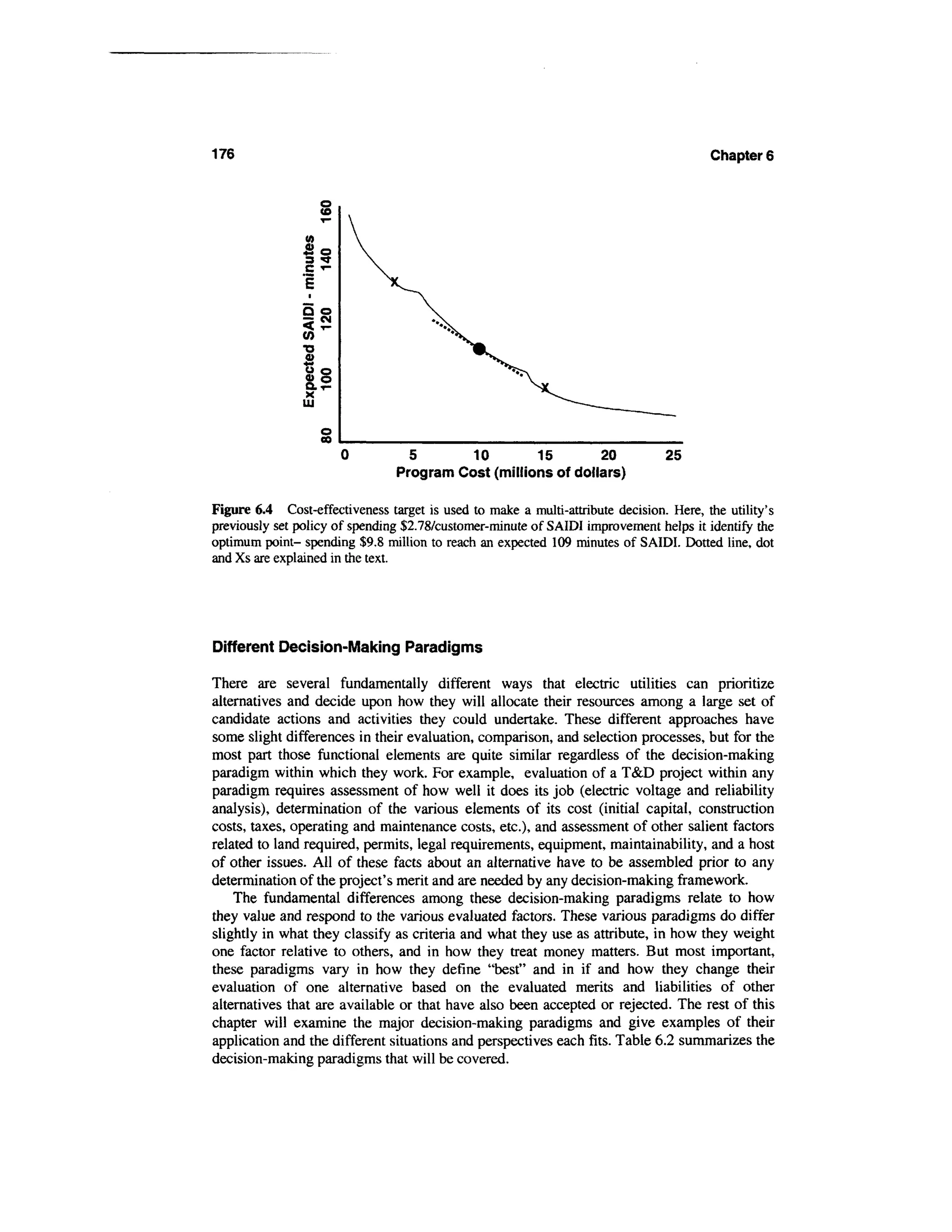 176                                                                                     Chapter 6


                     o
                     <o
                (A




                ss
                en


                X
                01




                                   5          10          15         20         25
                                Program Cost (millions of dollars)

Figure 6.4 Cost-effectiveness target is used to make a multi-attribute decision. Here, the utility's
previously set policy of spending $2.78/customer-minute of SAIDI improvement helps it identify the
optimum point- spending $9.8 million to reach an expected 109 minutes of SAIDI. Dotted line, dot
and Xs are explained in the text.




Different Decision-Making Paradigms

There are several fundamentally different ways that electric utilities can prioritize
alternatives and decide upon how they will allocate their resources among a large set of
candidate actions and activities they could undertake. These different approaches have
some slight differences in their evaluation, comparison, and selection processes, but for the
most part those functional elements are quite similar regardless of the decision-making
paradigm within which they work. For example, evaluation of a T&D project within any
paradigm requires assessment of how well it does its job (electric voltage and reliability
analysis), determination of the various elements of its cost (initial capital, construction
costs, taxes, operating and maintenance costs, etc.), and assessment of other salient factors
related to land required, permits, legal requirements, equipment, maintainability, and a host
of other issues. All of these facts about an alternative have to be assembled prior to any
determination of the project's merit and are needed by any decision-making framework.
    The fundamental differences among these decision-making paradigms relate to how
they value and respond to the various evaluated factors. These various paradigms do differ
slightly in what they classify as criteria and what they use as attribute, in how they weight
one factor relative to others, and in how they treat money matters. But most important,
these paradigms vary in how they define "best" and in if and how they change their
evaluation of one alternative based on the evaluated merits and liabilities of other
alternatives that are available or that have also been accepted or rejected. The rest of this
chapter will examine the major decision-making paradigms and give examples of their
application and the different situations and perspectives each fits. Table 6.2 summarizes the
decision-making paradigms that will be covered.
 