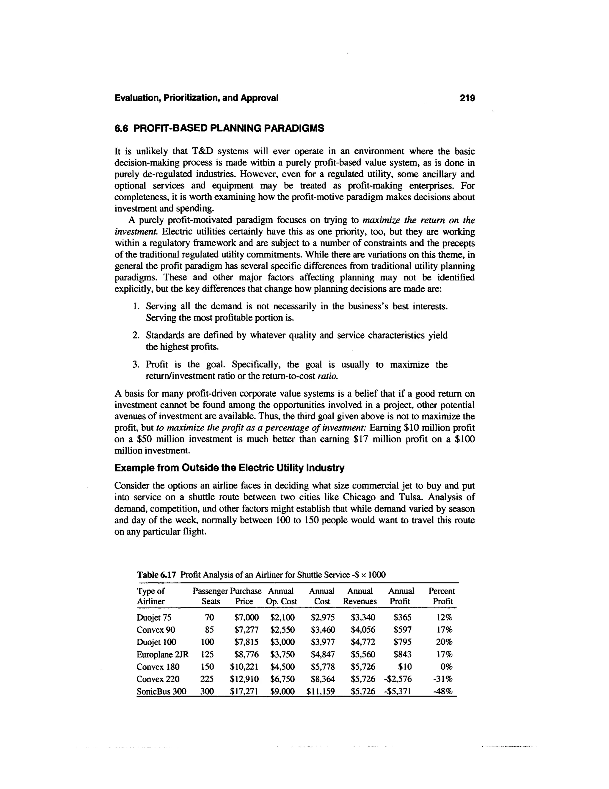 Evaluation, Prioritization, and Approval                                                          219


6.6 PROFIT-BASED PLANNING PARADIGMS

It is unlikely that T&D systems will ever operate in an environment where the basic
decision-making process is made within a purely profit-based value system, as is done in
purely de-regulated industries. However, even for a regulated utility, some ancillary and
optional services and equipment may be treated as profit-making enterprises. For
completeness, it is worth examining how the profit-motive paradigm makes decisions about
investment and spending.
    A purely profit-motivated paradigm focuses on trying to maximize the return on the
investment. Electric utilities certainly have this as one priority, too, but they are working
within a regulatory framework and are subject to a number of constraints and the precepts
of the traditional regulated utility commitments. While there are variations on this theme, in
general the profit paradigm has several specific differences from traditional utility planning
paradigms. These and other major factors affecting planning may not be identified
explicitly, but the key differences that change how planning decisions are made are:
    1. Serving all the demand is not necessarily in the business's best interests.
       Serving the most profitable portion is.
    2. Standards are defined by whatever quality and service characteristics yield
       the highest profits.
    3. Profit is the goal. Specifically, the goal is usually to maximize the
       return/investment ratio or the return-to-cost ratio.
A basis for many profit-driven corporate value systems is a belief that if a good return on
investment cannot be found among the opportunities involved in a project, other potential
avenues of investment are available. Thus, the third goal given above is not to maximize the
profit, but to maximize the profit as a percentage of investment: Earning $10 million profit
on a $50 million investment is much better than earning $17 million profit on a $100
million investment.
Example from Outside the Electric Utility Industry
Consider the options an airline faces in deciding what size commercial jet to buy and put
into service on a shuttle route between two cities like Chicago and Tulsa. Analysis of
demand, competition, and other factors might establish that while demand varied by season
and day of the week, normally between 100 to 150 people would want to travel this route
on any particular flight.



     Table 6.17 Profit Analysis of an Airliner for Shuttle Service -$ x 1000
     Type of         Passenger Purchase Annual        Annual Annual            Annual   Percent
     Airliner          Seats    Price Op. Cost         Cost Revenues           Profit    Profit
     Duojet 75          70      $7,000     $2,100     $2,975      $3,340   $365           12%
     Convex 90          85      $7,277     $2,550     $3,460      $4,056   $597           17%
     Duojet 100        100      $7,815     $3,000     $3,977      $4,772   $795           20%
     Europlane 2JR     125      $8,776     $3,750     $4,847      $5,560   $843           17%
     Convex 180        150     $10,221     $4,500     $5,778      $5,726     $10           0%
     Convex 220        225     $12,910     $6,750     $8,364      $5,726 -$2,576         -31%
     SonicBus 300      300     $17,271     $9,000    $11,159      $5,726 -$5,371         -48%
 