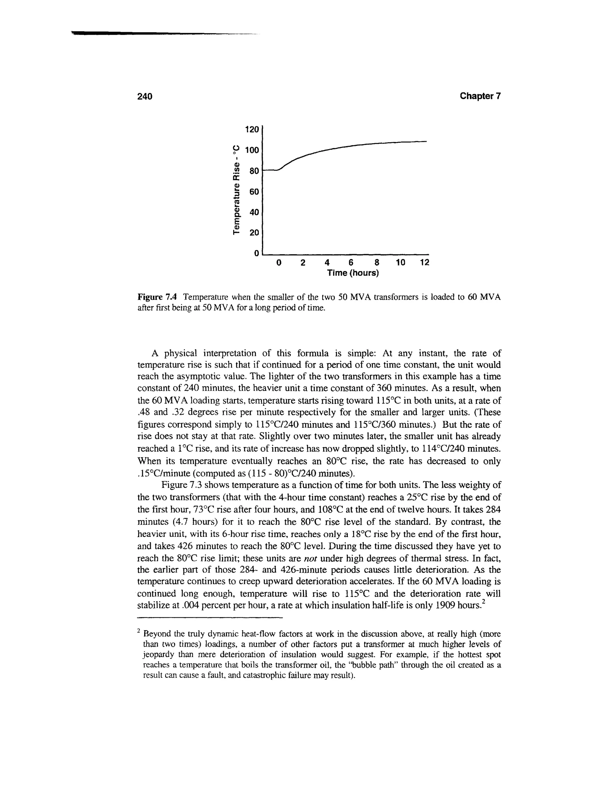 240                                                                                         Chapter 7


                                   120

                             9 100
                             a>
                             .<2    80
                             IT
                             Q)
                             ^     60

                             a
                             CD
                                   20

                                    0
                                                      4   6      8        10 12
                                                      Time (hours)

Figure 7.4 Temperature when the smaller of the two 50 MVA transformers is loaded to 60 MVA
after first being at 50 MVA for a long period of time.




    A physical interpretation of this formula is simple: At any instant, the rate of
temperature rise is such that if continued for a period of one time constant, the unit would
reach the asymptotic value. The lighter of the two transformers in this example has a time
constant of 240 minutes, the heavier unit a time constant of 360 minutes. As a result, when
the 60 MVA loading starts, temperature starts rising toward 115°C in both units, at a rate of
.48 and .32 degrees rise per minute respectively for the smaller and larger units. (These
figures correspond simply to 115°C/240 minutes and 115°C/360 minutes.) But the rate of
rise does not stay at that rate. Slightly over two minutes later, the smaller unit has already
reached a 1°C rise, and its rate of increase has now dropped slightly, to 114°C/240 minutes.
When its temperature eventually reaches an 80°C rise, the rate has decreased to only
.15°C/minute (computed as (115 - 80)°C/240 minutes).
       Figure 7.3 shows temperature as a function of time for both units. The less weighty of
the two transformers (that with the 4-hour time constant) reaches a 25°C rise by the end of
the first hour, 73°C rise after four hours, and 108°C at the end of twelve hours. It takes 284
minutes (4.7 hours) for it to reach the 80°C rise level of the standard. By contrast, the
heavier unit, with its 6-hour rise time, reaches only a 18°C rise by the end of the first hour,
and takes 426 minutes to reach the 80°C level. During the time discussed they have yet to
reach the 80°C rise limit; these units are not under high degrees of thermal stress. In fact,
the earlier part of those 284- and 426-minute periods causes little deterioration. As the
temperature continues to creep upward deterioration accelerates. If the 60 MVA loading is
continued long enough, temperature will rise to 115°C and the deterioration rate will
stabilize at .004 percent per hour, a rate at which insulation half-life is only 1909 hours.2

2
     Beyond the truly dynamic heat-flow factors at work in the discussion above, at really high (more
    than two times) loadings, a number of other factors put a transformer at much higher levels of
    jeopardy than mere deterioration of insulation would suggest. For example, if the hottest spot
    reaches a temperature that boils the transformer oil, the "bubble path" through the oil created as a
    result can cause a fault, and catastrophic failure may result).
 