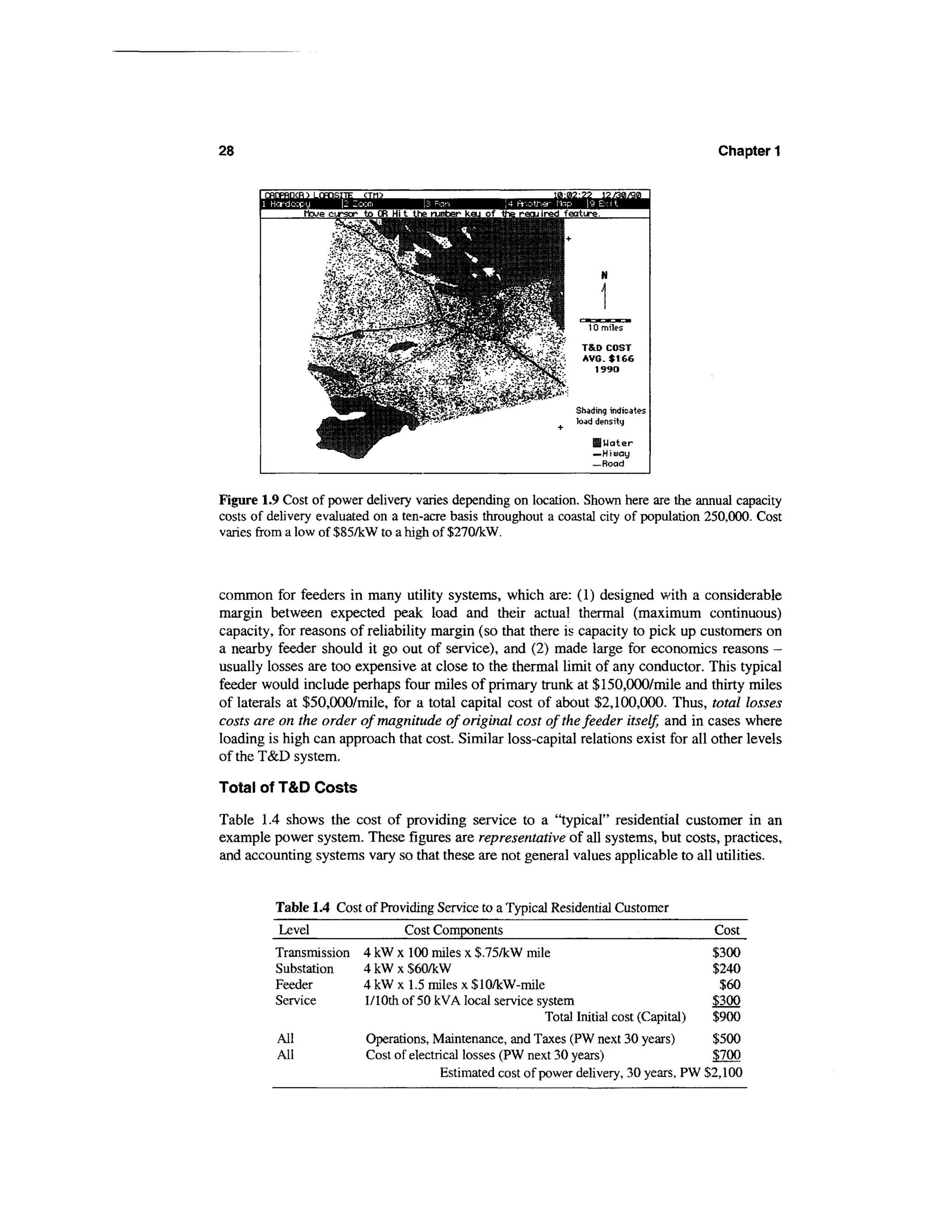 28                                                                                       Chapter 1




Figure 1.9 Cost of power delivery varies depending on location. Shown here are the annual capacity
costs of delivery evaluated on a ten-acre basis throughout a coastal city of population 250,000. Cost
varies from a low of $85/kW to a high of $270/kW.



common for feeders in many utility systems, which are: (1) designed with a considerable
margin between expected peak load and their actual thermal (maximum continuous)
capacity, for reasons of reliability margin (so that there is capacity to pick up customers on
a nearby feeder should it go out of service), and (2) made large for economics reasons -
usually losses are too expensive at close to the thermal limit of any conductor. This typical
feeder would include perhaps four miles of primary trunk at $150,000/mile and thirty miles
of laterals at $50,000/mile, for a total capital cost of about $2,100,000. Thus, total losses
costs are on the order of magnitude of original cost of the feeder itself, and in cases where
loading is high can approach that cost. Similar loss-capital relations exist for all other levels
of the T&D system.

Total of T&D Costs

Table 1.4 shows the cost of providing service to a "typical" residential customer in an
example power system. These figures are representative of all systems, but costs, practices,
and accounting systems vary so that these are not general values applicable to all utilities.


          Table 1.4 Cost of Providing Service to a Typical Residential Customer
          Level                 Cost Components                                      Cost
          Transmission 4 kW x 100 miles x $.75/kW mile                               $300
          Substation   4kWx$60/kW                                                    $240
          Feeder       4 kW x 1.5 miles x $10/kW-mile                                 $60
          Service      l/10th of 50 kVA local service system                         $300
                                                        Total Initial cost (Capital) $900
          All          Operations, Maintenance, and Taxes (PW next 30 years)         $500
          All          Cost of electrical losses (PW next 30 years)                  $700
                                     Estimated cost of power delivery, 30 years, PW $2,100
 