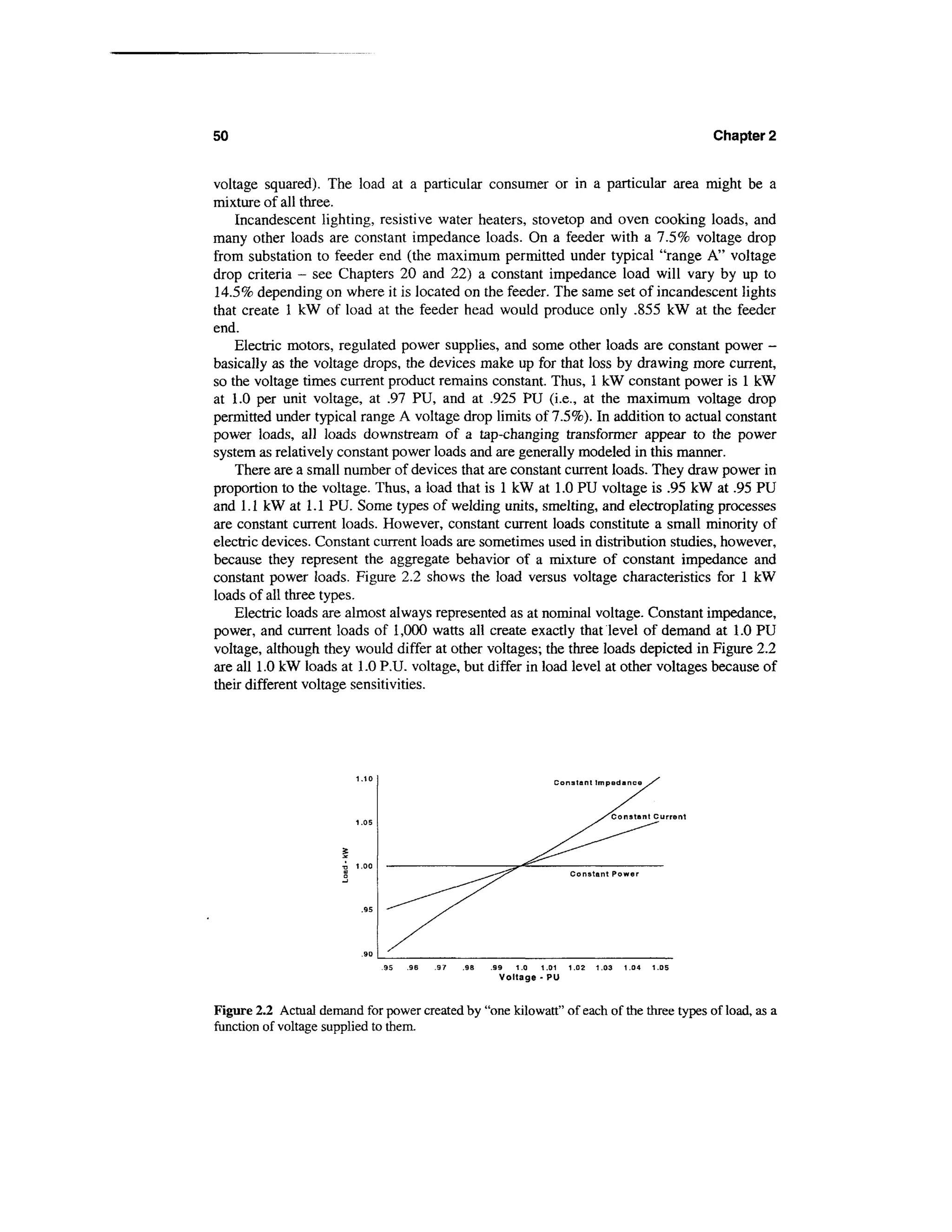 50                                                                                                          Chapter 2


voltage squared). The load at a particular consumer or in a particular area might be a
mixture of all three.
    Incandescent lighting, resistive water heaters, stovetop and oven cooking loads, and
many other loads are constant impedance loads. On a feeder with a 7.5% voltage drop
from substation to feeder end (the maximum permitted under typical "range A" voltage
drop criteria - see Chapters 20 and 22) a constant impedance load will vary by up to
14.5% depending on where it is located on the feeder. The same set of incandescent lights
that create 1 kW of load at the feeder head would produce only .855 kW at the feeder
end.
    Electric motors, regulated power supplies, and some other loads are constant power -
basically as the voltage drops, the devices make up for that loss by drawing more current,
so the voltage times current product remains constant. Thus, 1 kW constant power is 1 kW
at 1.0 per unit voltage, at .97 PU, and at .925 PU (i.e., at the maximum voltage drop
permitted under typical range A voltage drop limits of 7.5%). In addition to actual constant
power loads, all loads downstream of a tap-changing transformer appear to the power
system as relatively constant power loads and are generally modeled in this manner.
    There are a small number of devices that are constant current loads. They draw power in
proportion to the voltage. Thus, a load that is 1 kW at 1.0 PU voltage is .95 kW at .95 PU
and 1.1 kW at 1.1 PU. Some types of welding units, smelting, and electroplating processes
are constant current loads. However, constant current loads constitute a small minority of
electric devices. Constant current loads are sometimes used in distribution studies, however,
because they represent the aggregate behavior of a mixture of constant impedance and
constant power loads. Figure 2.2 shows the load versus voltage characteristics for 1 kW
loads of all three types.
    Electric loads are almost always represented as at nominal voltage. Constant impedance,
power, and current loads of 1,000 watts all create exactly that level of demand at 1.0 PU
voltage, although they would differ at other voltages; the three loads depicted in Figure 2.2
are all 1.0 kW loads at 1.0 P.U. voltage, but differ in load level at other voltages because of
their different voltage sensitivities.




                                                                         Constant Impedance


                                                                                         Constant Current




                              .95   .96   .97   .98   .99   1.0   1.01     1.02   1.03   1.04   1.0S

                                                        Voltage - PU


Figure 2.2 Actual demand for power created by "one kilowatt" of each of the three types of load, as a
function of voltage supplied to them.
 
