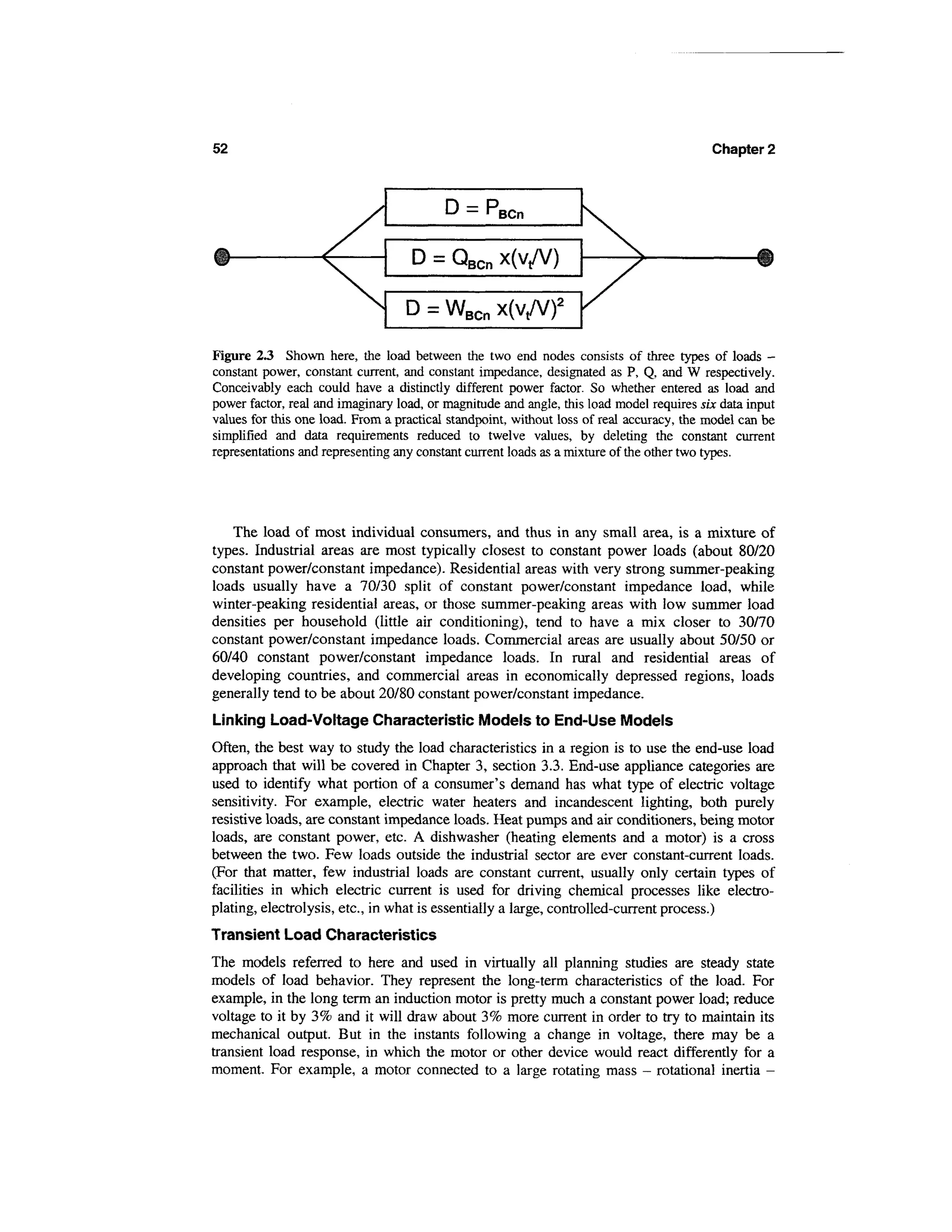 52                                                                                        Chapter 2



                                          D = RBCn

                                    D = QBCn x(v/V)

                                      = WBCn x(v/V)2

Figure 23 Shown here, the load between the two end nodes consists of three types of loads -
constant power, constant current, and constant impedance, designated as P, Q, and W respectively.
Conceivably each could have a distinctly different power factor. So whether entered as load and
power factor, real and imaginary load, or magnitude and angle, this load model requires six data input
values for this one load. From a practical standpoint, without loss of real accuracy, the model can be
simplified and data requirements reduced to twelve values, by deleting the constant current
representations and representing any constant current loads as a mixture of the other two types.




   The load of most individual consumers, and thus in any small area, is a mixture of
types. Industrial areas are most typically closest to constant power loads (about 80/20
constant power/constant impedance). Residential areas with very strong summer-peaking
loads usually have a 70/30 split of constant power/constant impedance load, while
winter-peaking residential areas, or those summer-peaking areas with low summer load
densities per household (little air conditioning), tend to have a mix closer to 30/70
constant power/constant impedance loads. Commercial areas are usually about 50/50 or
60/40 constant power/constant impedance loads. In rural and residential areas of
developing countries, and commercial areas in economically depressed regions, loads
generally tend to be about 20/80 constant power/constant impedance.
Linking Load-Voltage Characteristic Models to End-Use Models
Often, the best way to study the load characteristics in a region is to use the end-use load
approach that will be covered in Chapter 3, section 3.3. End-use appliance categories are
used to identify what portion of a consumer's demand has what type of electric voltage
sensitivity. For example, electric water heaters and incandescent lighting, both purely
resistive loads, are constant impedance loads. Heat pumps and air conditioners, being motor
loads, are constant power, etc. A dishwasher (heating elements and a motor) is a cross
between the two. Few loads outside the industrial sector are ever constant-current loads.
(For that matter, few industrial loads are constant current, usually only certain types of
facilities in which electric current is used for driving chemical processes like electro-
plating, electrolysis, etc., in what is essentially a large, controlled-current process.)
Transient Load Characteristics
The models referred to here and used in virtually all planning studies are steady state
models of load behavior. They represent the long-term characteristics of the load. For
example, in the long term an induction motor is pretty much a constant power load; reduce
voltage to it by 3% and it will draw about 3% more current in order to try to maintain its
mechanical output. But in the instants following a change in voltage, there may be a
transient load response, in which the motor or other device would react differently for a
moment. For example, a motor connected to a large rotating mass - rotational inertia -
 