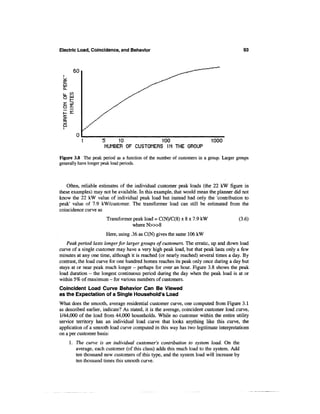Electric Load, Coincidence, and Behavior                                                  93


       60

 LU
 CL



 §
 o:
 cc


                     5     10            100                              1000
                      NUMBER OF CUSTOMERS IN THE CROUP

Figure 3.8 The peak period as a function of the number of customers in a group. Larger groups
generally have longer peak load periods.



    Often, reliable estimates of the individual customer peak loads (the 22 kW figure in
these examples) may not be available. In this example, that would mean the planner did not
know the 22 kW value of individual peak load but instead had only the 'contribution to
peak1 value of 7.9 kW/customer. The transformer load can still be estimated from the
coincidence curve as
                       Transformer peak load = C(N)/C(8) x 8 x 7.9 kW                   (3.6)
                                   where N>»8
                       Here, using .36 as C(N) gives the same 106 kW
    Peak period lasts longer for larger groups of customers. The erratic, up and down load
curve of a single customer may have a very high peak load, but that peak lasts only a few
minutes at any one time, although it is reached (or nearly reached) several times a day. By
contrast, the load curve for one hundred homes reaches its peak only once during a day but
stays at or near peak much longer - perhaps for over an hour. Figure 3.8 shows the peak
load duration - the longest continuous period during the day when the peak load is at or
within 5% of maximum - for various numbers of customers.
Coincident Load Curve Behavior Can Be Viewed
as the Expectation of a Single Household's Load
What does the smooth, average residential customer curve, one computed from Figure 3.1
as described earlier, indicate? As stated, it is the average, coincident customer load curve,
1/44,000 of the load from 44,000 households. While no customer within the entire utility
service territory has an individual load curve that looks anything like this curve, the
application of a smooth load curve computed in this way has two legitimate interpretations
on a per customer basis:
      1. The curve is an individual customer's contribution to system load. On the
         average, each customer (of this class) adds this much load to the system. Add
         ten thousand new customers of this type, and the system load will increase by
         ten thousand times this smooth curve.
 