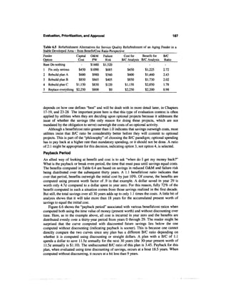 Evaluation, Prioritization, and Approval                                                        187


Table 6.5 Refurbishment Alternatives for Service Quality Refurbishment of an Aging    Feeder in a
Stable Developed Area - from Benefit/Cost Ratio Perspective
Feeder                  Capital O&M Failure                Cost for   Benefit for       B/C
Option                   Cost     PW        Risk         B/C Analysis B/C Analysis      Ratio
Base Do nothing             -    $1480 $1,520                  -           -             -
1 Fix only serious        $450   $1090       $685             $450      $1,225         2.72
2 Rebuild plan A          $600    $980       $560             $600      $1,460         2.43
3 Rebuild plan B          $850    $865       $405             $850      $1,730         2.02
4 Rebuild plan C        $1,150    $830       $120           $1,150      $2,050         1.78
5 Replace everything $2,250       $800         $0           $2,250      $2,200         0.98




depends on how one defines "best" and will be dealt with in more detail later, in Chapters
17-19, and 23-28 The important point here is that this type of evaluation context is often
applied by utilities when they are deciding upon optional projects because it addresses the
issue of whether the savings (the only reason for doing these projects, which are not
mandated by the obligation to serve) outweigh the costs of an optional activity.
    Although a benefit/cost ratio greater than 1.0 indicates that savings outweigh costs, most
utilities insist that B/C ratio be considerably better before they will commit to optional
projects. This is part of the "philosophy" of choosing the B/C paradigm; optional spending
has to pay back at a higher rate than mandatory spending, or it should not be done. A ratio
of 2:1 might be appropriate for this decision, indicating option 3, not option 4, is selected.
Payback Period
An allied way of looking at benefit and cost is to ask "when do I get my money back?"
What is the payback or break even period, the time that must pass until savings equal costs.
The benefits computed in Table 6.4 are based on savings in reduced O&M and failure risk
being distributed over the subsequent thirty years. A 1.1 benefit/cost ratio indicates that
over that period, benefits outweigh the initial cost by just 10%. Of course, the benefits are
computed using present worth factor of .9 in that example. A dollar saved in year 29 is
worth only 4.70 compared to a dollar spent in year zero. For this reason, fully 72% of the
benefit computed in such a situation comes from those savings realized in the first decade.
But still, the total savings over all 30 years adds up to only 1.1 times the costs. A little bit of
analysis shows that it will take more than 18 years for the accumulated present worth of
savings to equal the initial cost.
    Figure 6.6 shows the "payback period" associated with various benefit/cost ratios when
computed both using the time value of money (present worth) and without discounting over
time. Here, as in the example above, all cost is incurred in year zero and the benefits are
distributed evenly over a thirty-year period from years 0 through 29. The reader might be
surprised that the curve computed with discounted future savings lies below the one
computed without discounting (indicating payback is sooner). This is because one cannot
directly compare the two curves since any plan has a different B/C ratio depending on
whether it is computed using discounting or straight dollars. A plan with a B/C of 1.1
spends a dollar to save 11.50 annually for the next 30 years (the 30-year present worth of
11.50 annually is $1.10). The undiscounted B/C ratio of this plan is 3.45. Payback for this
plan, when evaluated using time discounting of savings, occurs at a bout 18.5 years. When
computed without discounting, it occurs at a bit less than 9 years.
 