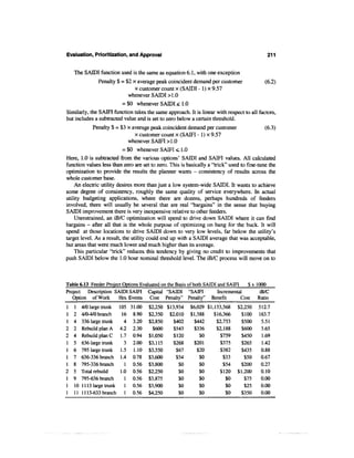 Evaluation, Prioritization, and Approval                                                      211

    The SAIDI function used is the same as equation 6.1, with one exception
               Penalty $ = $2 x average peak coincident demand per customer                (6.2)
                               x customer count x (SAIDI - 1) x 9.57
                            whenever SAIDI > 1.0
                         = $0 whenever SAIDI ^ 1.0
Similarly, the SAIFI function takes the same approach. It is linear with respect to all factors,
but includes a subtracted value and is set to zero below a certain threshold.
             Penalty $ = $3 x average peak coincident demand per customer                   (6.3)
                                 x customer count x (SAIFI - 1) x 9.57
                              whenever SAIFI >1.0
                           = $0 whenever SAIFI <L 1.0
Here, 1.0 is subtracted from the various options' SAIDI and SAIFI values. All calculated
function values less than zero are set to zero. This is basically a "trick" used to fine-tune the
optimization to provide the results the planner wants - consistency of results across the
whole customer base.
    An electric utility desires more than just a low system-wide SAIDI. It wants to achieve
some degree of consistency, roughly the same quality of service everywhere. In actual
utility budgeting applications, where there are dozens, perhaps hundreds of feeders
involved, there will usually be several that are real "bargains" in the sense that buying
SAIDI improvement there is very inexpensive relative to other feeders.
    Unrestrained, an iB/C optimization will spend to drive down SAIDI where it can find
bargains - after all that is the whole purpose of optimizing on bang for the buck. It will
spend at those locations to drive SAIDI down to very low levels, far below the utility's
target level. As a result, the utility could end up with a SAIDI average that was acceptable,
but areas that were much lower and much higher than its average.
    This particular "trick" reduces this tendency by giving no credit to improvements that
push SAIDI below the 1.0 hour nominal threshold level. The iB/C process will move on to



Table 6.13 Feeder Project Options Evaluated on the Basis of both SAIDI and SAIFI     $ x 1000
Project Description SAIDI SAIFI Capital "SAIDI "SAIFI                  Incremental         iB/C
   Option of Work       Hrs. Events Cost Penalty" Penalty" Benefit                Cost Ratio
1   1    4/0 large trunk     105 31.00   $2,250 $13,934   $6,029 $1,153,568     $2,250    512.7
1   2    4/0-4/0 branch        16 8.90   $2,350 $2,010    $1,588    $16,366       $100    163.7
1   4    336 large trunk        4 3.20   $2,850    $402     $442     $2,753       $500     5.51
2   2    Rebuild plan A      4.2 2.30      $600    $543     $336     $2,188       $600     3.65
2   4    Rebuild plan C       1.7 0.94   $1,050    $120       $0      $759        $450     1.69
1   5    636 large trunk        3 2.00   $3,115    $268     $201       $375       $265     1.42
1   6    795 large trunk      1.5 1.10   $3,550     $67      $20      $382        $435     0.88
1   7    636-336 branch       1.4 0.78   $3,600     $54       $0         $33       $50     0.67
1   8    795-336 branch         1 0.56   $3,800      $0       $0         $54     $200      0.27
2   5    Total rebuild        1.0 0.56   $2,250      $0       $0        $120    $1,200     0.10
1   9    795-636 branch         1 0.56   $3,875      $0       $0          $0       $75     0.00
1   10   11 13 large trunk      1 0.56   $3,900      $0       $0          $0       $25     0.00
1   11   11 13-633 branch       1 0.56   $4,250      $0       $0          $0      $350     0.00
 