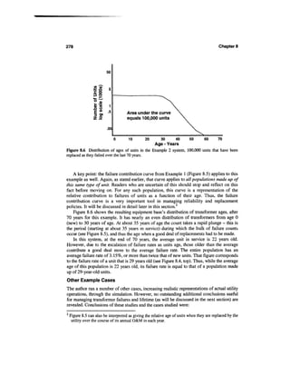 278                                                                                         Chapter 8




                          50



                  £ o
                  c o
                  3O
                  *- C-
                  SJB
                  %S
                  E
                  D a
                    0>
                                      Area under the curve
                  Z 2                 equals 100,000 units

                          .OS


                                       10       20        30      40       50      60       70
                                                 Age - Years
Figure 8.6 Distribution of ages of units in the Example 2 system, 100,000 units that have been
replaced as they failed over the last 70 years.



    A key point: the failure contribution curve from Example 1 (Figure 8.5) applies to this
example as well. Again, as stated earlier, that curve applies to all populations made up of
this same type of unit. Readers who are uncertain of this should stop and reflect on this
fact before moving on. For any such population, this curve is a representation of the
relative contribution to failures of units as a function of their age. Thus, the failure
contribution curve is a very important tool in managing reliability and replacement
policies. It will be discussed in detail later in this section.
    Figure 8.6 shows the resulting equipment base's distribution of transformer ages, after
70 years for this example. It has nearly an even distribution of transformers from age 0
(new) to 30 years of age. At about 35 years of age the count takes a rapid plunge - this is
the period (starting at about 35 years m service) during which the bulk of failure counts
occur (see Figure 8.5), and thus the age when a good deal of replacements had to be made.
    In this system, at the end of 70 years, the average unit in service is 22 years old.
However, due to the escalation of failure rates as units age, those older than the average
contribute a good deal more to the average failure rate. The entire population has an
average failure rate of 3.15%, or more than twice that of new units. That figure corresponds
to the failure rate of a unit that is 29 years old (see Figure 8.4, top). Thus, while the average
age of this population is 22 years old, its failure rate is equal to that of a population made
up of 29-year-old units.
Other Example Cases
The author ran a number of other cases, increasing realistic representations of actual utility
operations, through the simulation. However, no outstanding additional conclusions useful
for managing transformer failures and lifetime (as will be discussed in the next section) are
revealed. Conclusions of these studies and the cases studied were:
2
    Figure 8.5 can also be interpreted as giving the relative age of units when they are replaced by the
     utility over the course of its annual O&M in each year.
 