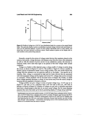 Load Reach and Volt-VAR Engineering                                                                   285


                           3100
                                                         3144
                     7.6


                     7.2


                 ,   6.8




                           0                 1                  2                   3
                                                 Distance (miles)

Figure 9.1 Profile of voltage on a 12.47 kV (p-p) distribution feeder for a system in the central United
States. This particular display is given in actual phase to ground voltage (vertical scale) and distance in
miles out one particular pathway. It shows all three phases individually (here as solid, dashed, and
dotted lines, but more typically as different colors). Small numbers at points on the display refer to
node numbers in the system being analyzed.



    Generally, except for the actions of voltage control devices like regulators placed on the
system at key points, voltage decreases with distance away from the source (the substation)
as well as with the amount of power moved. In any satisfactory system, this decrease is
relatively small, never more than eight to ten percent of the total voltage under normal
conditions.
    Voltage on a feeder is often depicted using a voltage profile of voltage at points along
the circuit, as shown in Figures 9.1 and 9.2. The profile in Figure 9.1 shows a number of
features typical of distribution feeder circuit voltage profiles. First, this profile follows the
voltage from the substation out one particular pathway or the feeder - one specific set of
branches. Here, voltage is constrained by high and low limits (shown) that are associated
with both equipment ratings and the highest and lowest P.U. voltages that can be conveyed
to consumers. (These standards will be discussed more in Chapter 20.) Finally, as stated
above voltage generally decreases, or drops, as one moves away from the source, except at
locations that are regulated or boosted, as shown.
    Voltage profiles can give voltage in terms of actual voltage (e.g., 7.2 kV p-g) as in
Figure 9.1, per unit, or on a utilization basis (120 volt scale in the U.S., 250 volts in
Europe), as shown in Figure 9.2. Displays of voltage on a per unit or utilization equivalent
basis have a disadvantage in that they do not show actual voltage. But for many planning
purposes they more than make up for that by permitting display of voltage along a path that

 transformation can exist across useful tie points. A 12.47 kV feeder from a substation fed by 138 kV,
 and a 12.47 kV feeder from a substation fed at 69 kV are likely 30 degrees apart because the 69 kV
 line is fed upstream through a 138/69 kV transformation. Such ties are worth less for reliability and
 load balancing than ties with very small phase differences, because load transfers can only be done
 there through "cold switching" - momentarily interrupting service of the transferred portion of the
 feeder as it is switched from one source to another.
 