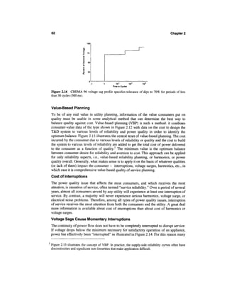 62                                                                                        Chapter 2




                                                 101         102     103
                                              Time in Cycles

Figure 2.16 CBEMA 96 voltage sag profile specifies tolerance of dips to 70% for periods of less
than 30 cycles (500 ms).


Value-Based Planning
To be of any real value in utility planning, information of the value consumers put on
quality must be usable in some analytical method that can determine the best way to
balance quality against cost. Value-based planning (VBP) is such a method: it combines
consumer-value data of the type shown in Figure 2.12 with data on the cost to design the
T&D system to various levels of reliability and power quality in order to identify the
optimum balance. Figure 2.13 illustrates the central tenet of value-based planning. The cost
incurred by the consumer due to various levels of reliability or quality and the cost to build
the system to various levels of reliability are added to get the total cost of power delivered
to the consumer as a function of quality.2 The minimum value is the optimum balance
between consumer desire for reliability and aversion to cost. This approach can be applied
for only reliability aspects, i.e., value-based reliability planning, or harmonics, or power
quality overall. Generally, what makes sense is to apply it on the basis of whatever qualities
(or lack of them) impact the consumer - interruptions, voltage surges, harmonics, etc., in
which case it is comprehensive value-based quality of service planning.
Cost of Interruptions
The power quality issue that affects the most consumers, and which receives the most
attention, is cessation of service, often termed "service reliability." Over a period of several
years, almost all consumers served by any utility will experience at least one interruption of
service. By contrast, a majority will never experience serious harmonics, voltage surge, or
electrical noise problems. Therefore, among all types of power quality issues, interruption
of service receives the most attention from both the consumers and the utility. A great deal
more information is available about cost of interruptions than about cost of harmonics or
voltage surges.
Voltage Sags Cause Momentary Interruptions
The continuity of power flow does not have to be completely interrupted to disrupt service:
If voltage drops below the minimum necessary for satisfactory operation of an appliance,
power has effectively been "interrupted" as illustrated in Figure 2.14. For this reason many

Figure 2.13 illustrates the concept of VBP. In practice, the supply-side reliability curves often have
discontinuities and significant non-linearities that make application difficult.
 