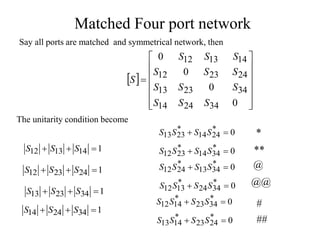 Matched Four port network
 















0
0
0
0
34
24
14
34
24
14
23
13
23
12
13
12
S
S
S
S
S
S
S
S
S
S
S
S
S
The unitarity condition become
1
14
13
12 

 S
S
S
1
24
23
12 

 S
S
S
1
34
23
13 

 S
S
S
0
*
24
14
*
23
13 
 S
S
S
S
0
*
34
23
*
14
12 
 S
S
S
S
0
*
34
14
*
23
12 
 S
S
S
S
1
34
24
14 

 S
S
S
0
*
34
13
*
24
12 
 S
S
S
S
0
*
34
24
*
13
12 
 S
S
S
S
0
*
24
23
*
14
13 
 S
S
S
S
Say all ports are matched and symmetrical network, then
*
**
@
@@
#
##
 