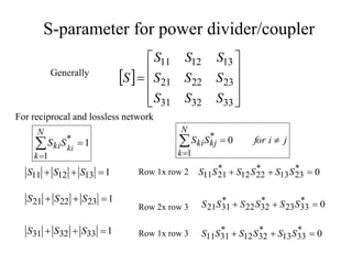 S-parameter for power divider/coupler
 











33
32
31
23
22
21
13
12
11
S
S
S
S
S
S
S
S
S
S
Generally
For reciprocal and lossless network
j
i
for
S
S
N
k
kj
ki 



0
1
*
1
1
*



N
k
ki ki
S
S
1
13
12
11 

 S
S
S
1
23
22
21 

 S
S
S
1
33
32
31 

 S
S
S
0
*
23
13
*
22
12
*
21
11 

 S
S
S
S
S
S
0
*
33
23
*
32
22
*
31
21 

 S
S
S
S
S
S
0
*
33
13
*
32
12
*
31
11 

 S
S
S
S
S
S
Row 1x row 2
Row 2x row 3
Row 1x row 3
 
