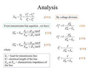 Analysis
o
o
in
o
in
o
Z
Z
Z
V
V


1


tan
tan
o
oe
oe
o
oe
e
in
jZ
Z
jZ
Z
Z
Z



o
e
o
e
in
I
I
V
V
I
V
Z
1
1
1
1
1
1




Zo = load for transmission line
 = electrical length of the line
Zoe or Zoo = characteristic impedance of
the line


tan
tan
o
oo
oo
o
oo
o
in
jZ
Z
jZ
Z
Z
Z



By voltage division
o
e
in
e
in
e
Z
Z
Z
V
V


1
o
o
in
o
Z
Z
V
I


1
o
e
in
e
Z
Z
V
I


1
From transmission line equation , we have
where
(101)
(102)
(103)
(104)
(105)
(106)
(107)
 