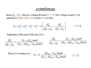 continue
Since Zin = Zo , then by voltage division V1 = V. The voltage at port 3, by
substitute (99), (100) , (104) and (105) is then
















o
o
in
o
in
o
e
in
e
in
o
e
o
e
Z
Z
Z
Z
Z
Z
V
V
V
V
V
V 1
1
3
3
3 (111)
Substitute (109) and (110) into (111)
  

tan
2
tan
oo
oe
o
oo
o
o
o
in
o
in
Z
Z
j
Z
jZ
Z
Z
Z
Z





  

tan
2
tan
oo
oe
o
oe
o
o
e
in
e
in
Z
Z
j
Z
jZ
Z
Z
Z
Z





Then (111) reduces to  
  

tan
2
tan
3
oo
oe
o
oo
oe
Z
Z
j
Z
Z
Z
j
V
V



 (112)
 