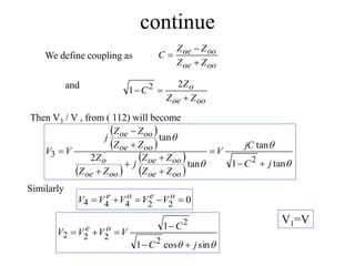 continue
We define coupling as
oo
oe
oo
oe
Z
Z
Z
Z
C



Then V3 / V , from ( 112) will become
oo
oe
o
Z
Z
Z
C



2
1 2
 
 
 
 
 




tan
1
tan
tan
2
tan
2
3
j
C
jC
V
Z
Z
Z
Z
j
Z
Z
Z
Z
Z
Z
Z
j
V
V
oo
oe
oo
oe
oo
oe
o
oo
oe
oo
oe










and

 sin
cos
1
1
2
2
2
2
2
j
C
C
V
V
V
V o
e






0
2
2
4
4
4 



 o
e
o
e V
V
V
V
V
Similarly
V1=V
 