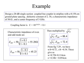Example
Design a 20 dB single-section coupled line coupler in stripline with a 0.158 cm
ground plane spacing , dielectric constant of 2. 56, a characteristic impedance
of 50  , and a center frequency of 3 GHz.
Coupling factor is C = 10-20/20 = 0.1
Characteristic impedance of even
and odd mode are




 28
.
55
1
.
0
1
1
.
0
1
50
oe
Z
23
.
45
1
.
0
1
1
.
0
1
50 



oo
Z
4
.
88

oe
r Z

4
.
72

oo
r Z

From fig 7.29 , we have
w/b=0.72 , s/b =0.34. These
give us
w=0.72b=0.114cm
s= 0.34b = 0.054cm
Then multiplied by r

 