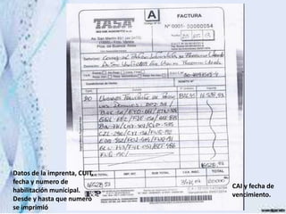 Datos de la imprenta, CUIT, 
fecha y numero de 
habilitación municipal. 
Desde y hasta que numero 
se imprimió 
CAI y fecha de 
vencimiento. 
 