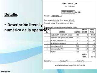 Detalle: 
• Descripción literal y 
numérica de la operación. 
 