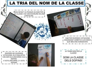 LA TRIA DEL NOM DE LA CLASSE
CADA INFANT VA PENSAR UN NOM PER A
LA CLASSE I HO VAN ESCRIURE EN UNA
CARTOLINA.
VAM FER DIVERSES VOTACIONS
ENGANXANT GOMETS A LES IDEES
QUE MÉS ENS AGRADAVEN.
DESPRÉS DE DIVERSES
VOTACIONS, ELS FINALISTES
VAN SER ELS UNICORNS I ELS
DOFINS:
4 VOTS UNICORNS, 21 VOTS
DOFINS!
JA TENIM NOM PER LA
CLASSE!
SOM LA CLASSE
DELS DOFINS!
 